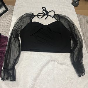 Cute sweet heart neckline black crop top with mesh sleeves